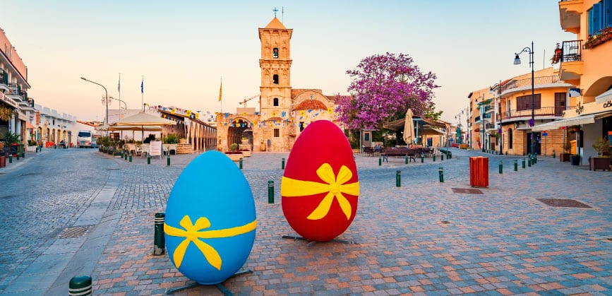 Giant Easter eggs in the square before the Church of Saint Lazarus in Larnaca
