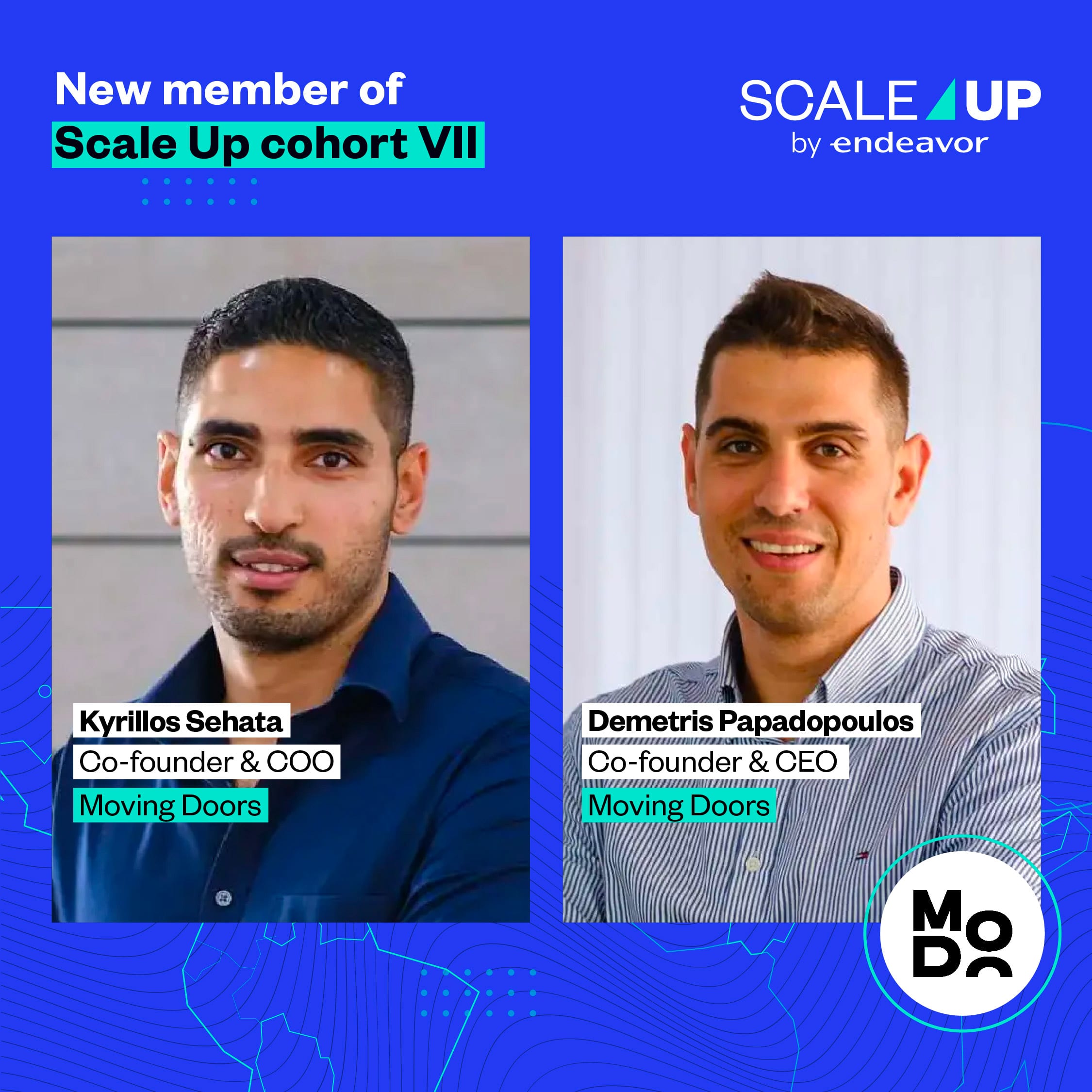 Scale Up cohort VII announcement with portraits of Moving Doors co-founders Kyrillos Sehata (COO) and Demetris Papadopoulos (CEO)