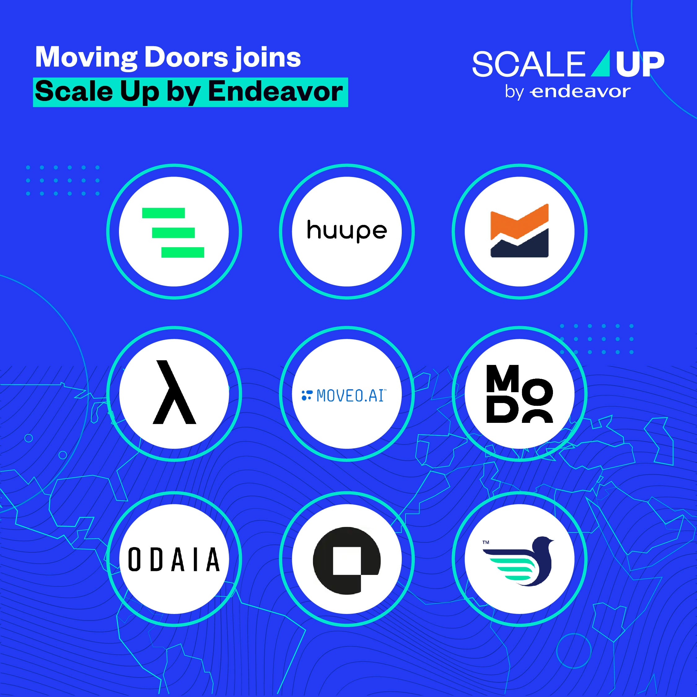 “Moving Doors joins Scale Up by Endeavor”, with the logos of the nine companies in the cohort