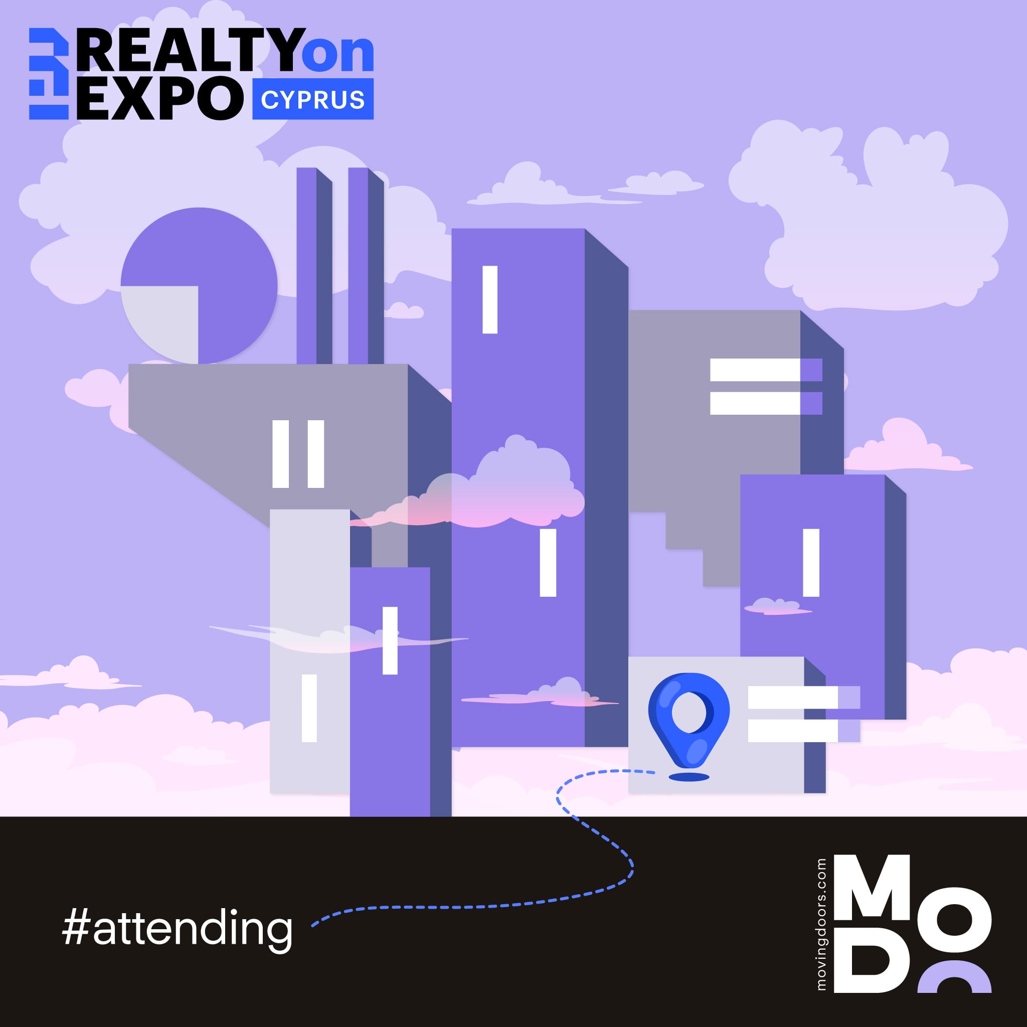 RealtyOn Expo Cyprus graphic of stylised purple buildings marked “#attending”, with the Moving Doors logo