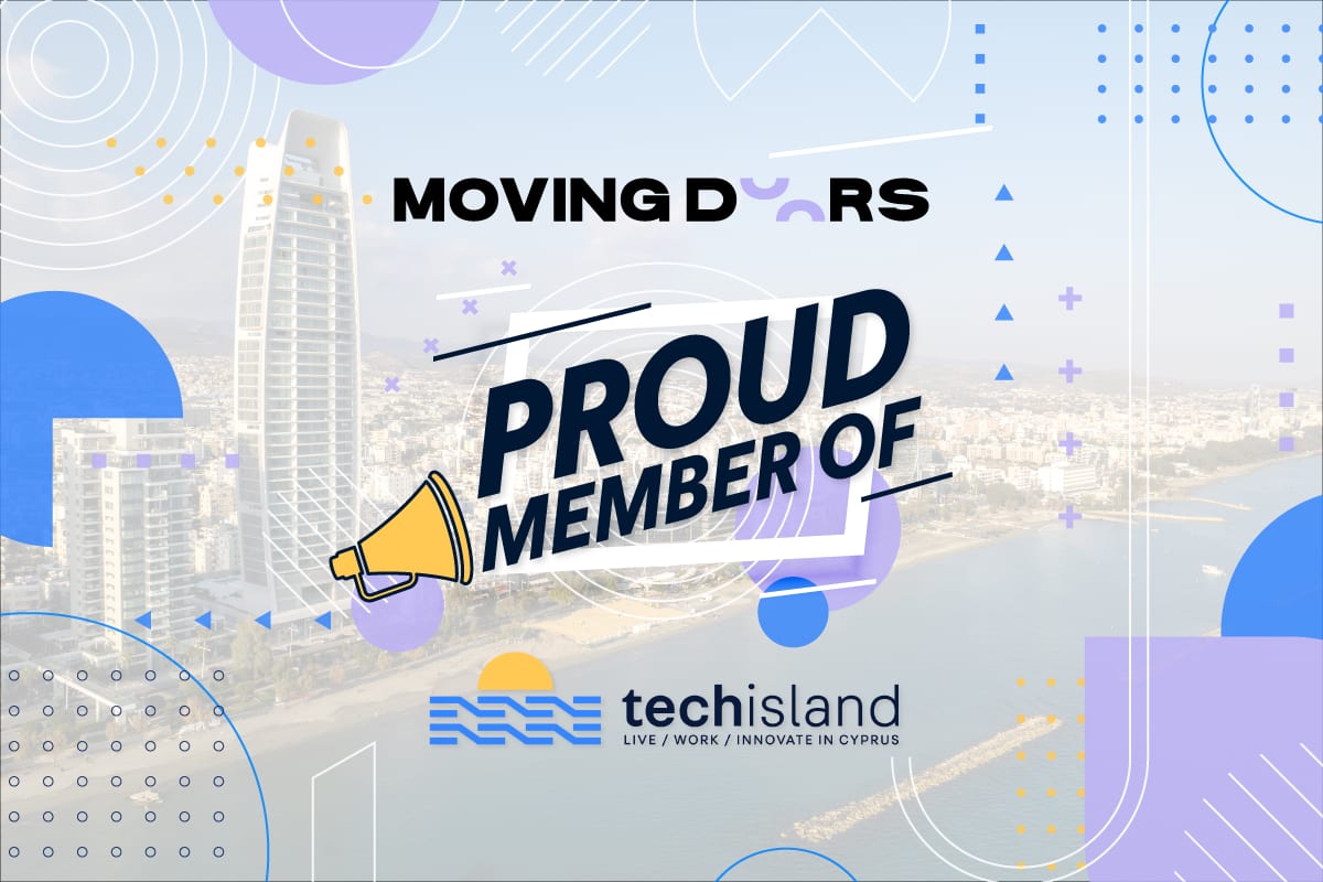 “Moving Doors – proud member of TechIsland” over a view of a coastal city skyline