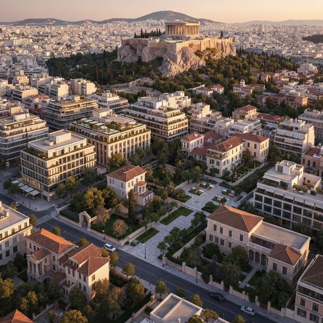 Aerial view of Athens city center and the Acropolis