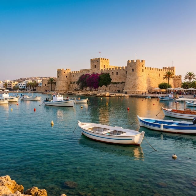 Paphos harbor and medieval castle at sunset